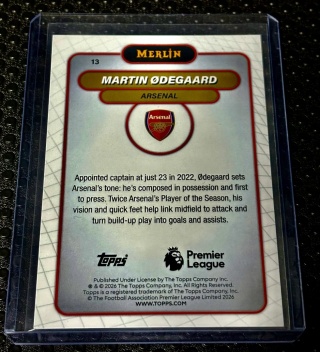 2025-26 Topps Merlin PL Martin Odegaard #13 Red Refractor BOOKEND 5/5